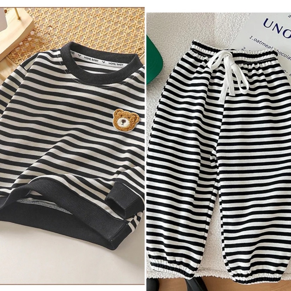 Matching Sweat Set Striped Teddy Bear Sweatshirt Joggers Black White Lounge